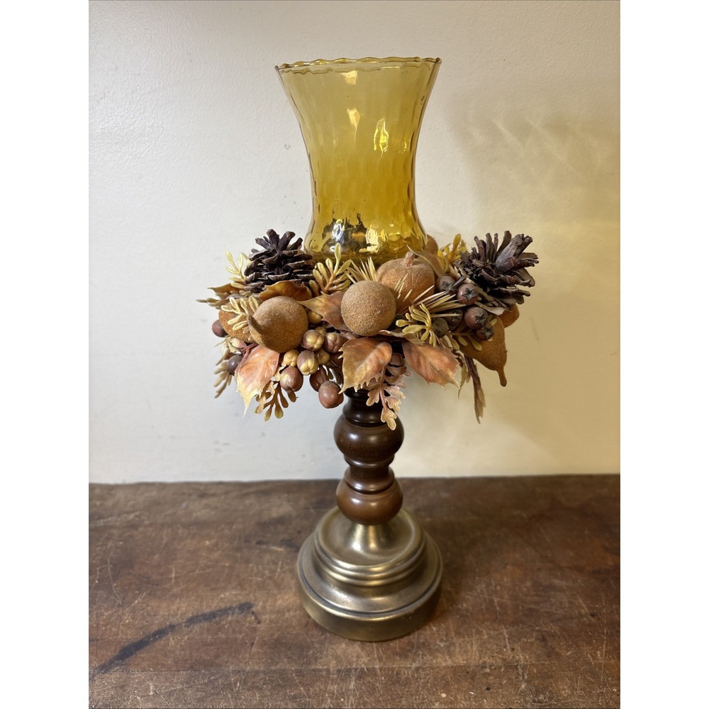 Vintage HOMCO Home Interiors Amber Glass Hurricane Candle Holder Fall Floral